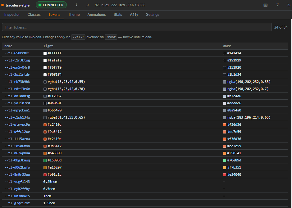 The traceless-style DevTools panel showing the Inspector tab with live element inspection, cascade view, and conflict warnings