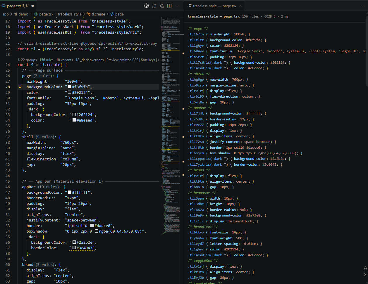 The traceless-style VS Code extension showing autocomplete, hover docs, and inline color swatches inside a tl.create block